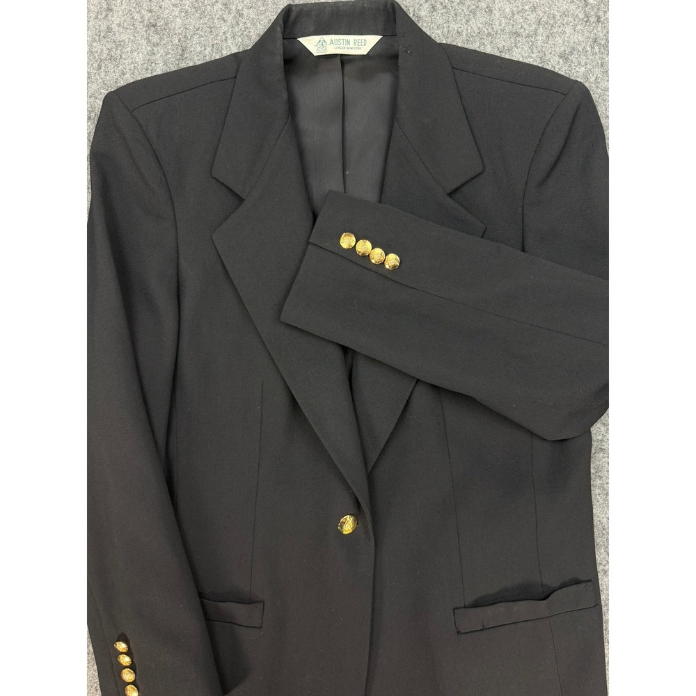 Austin Reed Black Worsted Wool Blazer Gold Crest Buttons Size 10 Professional